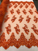 Beaded Bridal Lace - Orange - Sold By The Yard Floral Embroidered Sequins Wedding Fabric