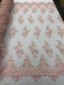 Beaded Bridal Lace - Light Pink - Sold By The Yard Floral Embroidered Sequins Wedding Fabric