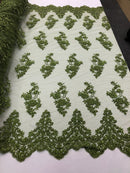 Beaded Bridal Lace - Olive - Sold By The Yard Floral Embroidered Sequins Wedding Fabric