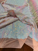 Mini Glitz Sequins - Iridescent Unicorn on Blush - Mini Sequins on 4 Way Stretch Lace Mesh Fabric