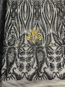 Damask Net Sequins - Orange - Design Sequins on 4 Way Stretch Sold By The Yard