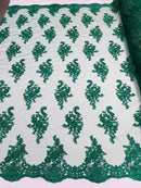 Flower Lace Fabric - Hunter Green with Metallic Thread Floral Clusters Embroidered Mesh Lace Fabric