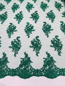 Flower Lace Fabric - Hunter Green with Metallic Thread Floral Clusters Embroidered Mesh Lace Fabric
