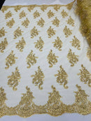 Flower Lace Fabric - Gold with Metallic Thread Floral Clusters Embroidered Mesh Lace Fabric