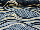 Two Tone Design - Gold / Black - Wavy Lines Geometric Sequins Design 4 Way Stretch Sold By Yard