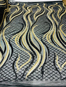 Two Tone Design - Black / Matte Gold - Wavy Lines Geometric Sequins Design 4 Way Stretch Sold By Yard