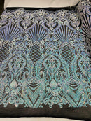 Damask Geometric Sequins - Unicorn - 4 Way Stretch Sequins Damask Pattern Design Sold By Yard