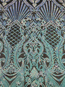 Damask Geometric Sequins - Unicorn - 4 Way Stretch Sequins Damask Pattern Design Sold By Yard