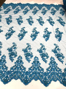Beaded Bridal Lace - Turquoise - Sold By The Yard Floral Embroidered Sequins Wedding Fabric