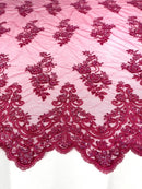 Beaded Bridal Lace - Fuchsia - Sold By The Yard Floral Embroidered Sequins Wedding Fabric