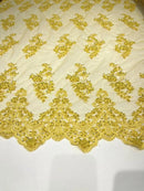 Beaded Bridal Lace - Yellow - Sold By The Yard Floral Embroidered Sequins Wedding Fabric