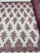 Fancy Lace Design - Dusty Rose - Flower Embroidery Design Mesh Fabric By The Yard