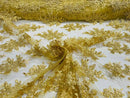 Fancy Lace Design - Gold with Metallic Thread - Flower Embroidery Design Mesh Fabric By Yard