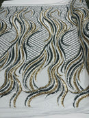 Two Tone Design - Silver - Wavy Lines Geometric Sequins Design 4 Way Stretch Sold By Yard