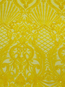 Damask Geometric Sequins - Yellow - 4 Way Stretch Sequins Damask Pattern Design Sold By Yard