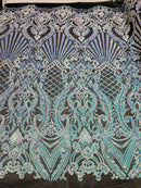 Damask Geometric Sequins - Unicorn - 4 Way Stretch Sequins Damask Pattern Design Sold By Yard
