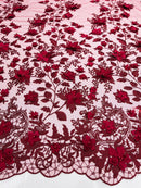 Flower 3D Fabric - Burgundy - Embroided Fabric Flower Pearls and Leaf Decor Sold by The Yard