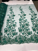 Flower 3D Fabric - Hunter Green - Embroided Fabric Flower Pearls and Leaf Decor by Yard