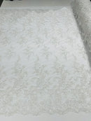 Lace Flower Cluster Fabric - White - Embroidered Flower With Sequins on a Mesh Lace Fabric By Yard