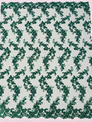 Floral Lace Fabric - Hunter Green - Embroidered Flower Clusters with Sequins on a Mesh Lace By Yard