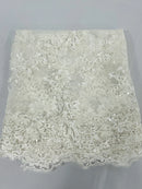 Floral Lace Fabric - Ivory - Embroidered Flower Clusters with Sequins on a Mesh Lace By Yard