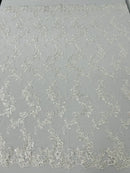Floral Lace Fabric - Ivory - Embroidered Flower Clusters with Sequins on a Mesh Lace By Yard