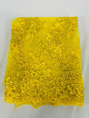 Floral Lace Fabric - Yellow - Embroidered Flower Clusters with Sequins on a Mesh Lace By Yard