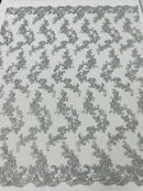 Floral Lace Fabric - Silver - Embroidered Flower Clusters with Sequins on a Mesh Lace By Yard