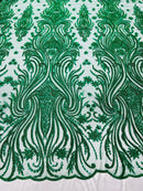 Luxury Bead Design - Emerald Green - Floral Fabric Embroidered w/ Pearls-Beads on Mesh Lace By Yard