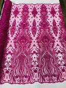 Luxury Bead Design - Magenta - Floral Fabric Embroidered w/ Pearls-Beads on Mesh Lace By Yard