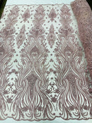 Luxury Bead Design - Rose - Floral Fabric Embroidered w/ Pearls-Beads on Mesh Lace By Yard