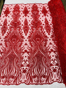 Luxury Bead Design - Red - Floral Fabric Embroidered w/ Pearls-Beads on Mesh Lace By Yard