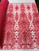 Luxury Bead Design - Coral - Floral Fabric Embroidered w/ Pearls-Beads on Mesh Lace By Yard