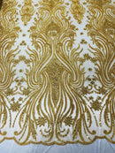 Luxury Bead Design - Gold - Floral Fabric Embroidered w/ Pearls-Beads on Mesh Lace By Yard