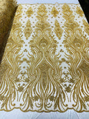 Luxury Bead Design - Gold - Floral Fabric Embroidered w/ Pearls-Beads on Mesh Lace By Yard