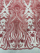 Luxury Bead Design - Dusty Rose - Floral Fabric Embroidered w/ Pearls-Beads on Mesh Lace By Yard