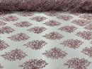 Floral Cluster Bead Fabric - Rose - Sold By The Yard - Embroidered Flower Beaded Fabric