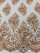 Floral Cluster Bead Fabric - Blush Peach - Sold By The Yard - Embroidered Flower Beaded Fabric
