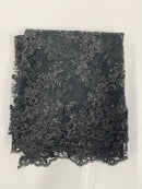 Floral Lace Fabric - White - Embroidered Flower Clusters with Sequins on a Mesh Lace By Yard