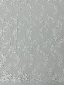 Floral Lace Fabric - White - Embroidered Flower Clusters with Sequins on a Mesh Lace By Yard