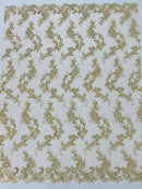 Floral Lace Fabric - Champagne - Embroidered Flower Clusters with Sequins on a Mesh Lace By Yard