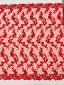 Floral Lace Fabric - Red - Embroidered Flower Clusters with Sequins on a Mesh Lace By Yard