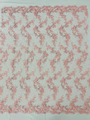 Floral Lace Fabric - Pink - Embroidered Flower Clusters with Sequins on a Mesh Lace By Yard