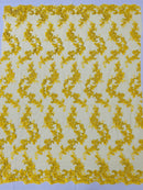 Floral Lace Fabric - Yellow - Embroidered Flower Clusters with Sequins on a Mesh Lace By Yard
