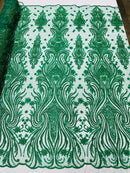 Luxury Bead Design - Emerald Green - Floral Fabric Embroidered w/ Pearls-Beads on Mesh Lace By Yard