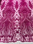 Luxury Bead Design - Magenta - Floral Fabric Embroidered w/ Pearls-Beads on Mesh Lace By Yard