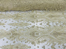 Luxury Bead Design - Beige - Floral Fabric Embroidered w/ Pearls-Beads on Mesh Lace By Yard