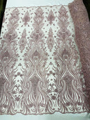 Luxury Bead Design - Rose - Floral Fabric Embroidered w/ Pearls-Beads on Mesh Lace By Yard