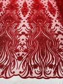 Luxury Bead Design - Red - Floral Fabric Embroidered w/ Pearls-Beads on Mesh Lace By Yard