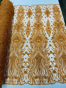 Luxury Bead Design - Copper/Orange - Floral Fabric Embroidered w/ Pearls-Beads on Mesh Lace By Yard